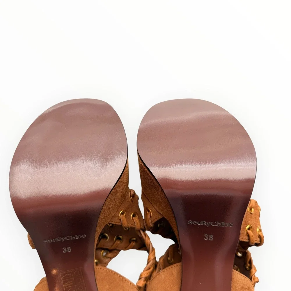 See By Chloé NWOB Tan Suede Platform Sandals 38 Lace-Up Grommet Boho Designer